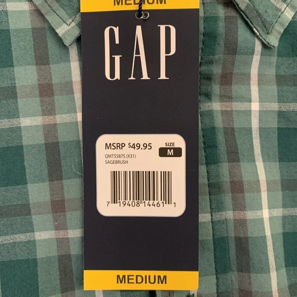 Gap Men's Long Sleeves Button Up Green Stretch Plaid Shirt Size M - NWT $49